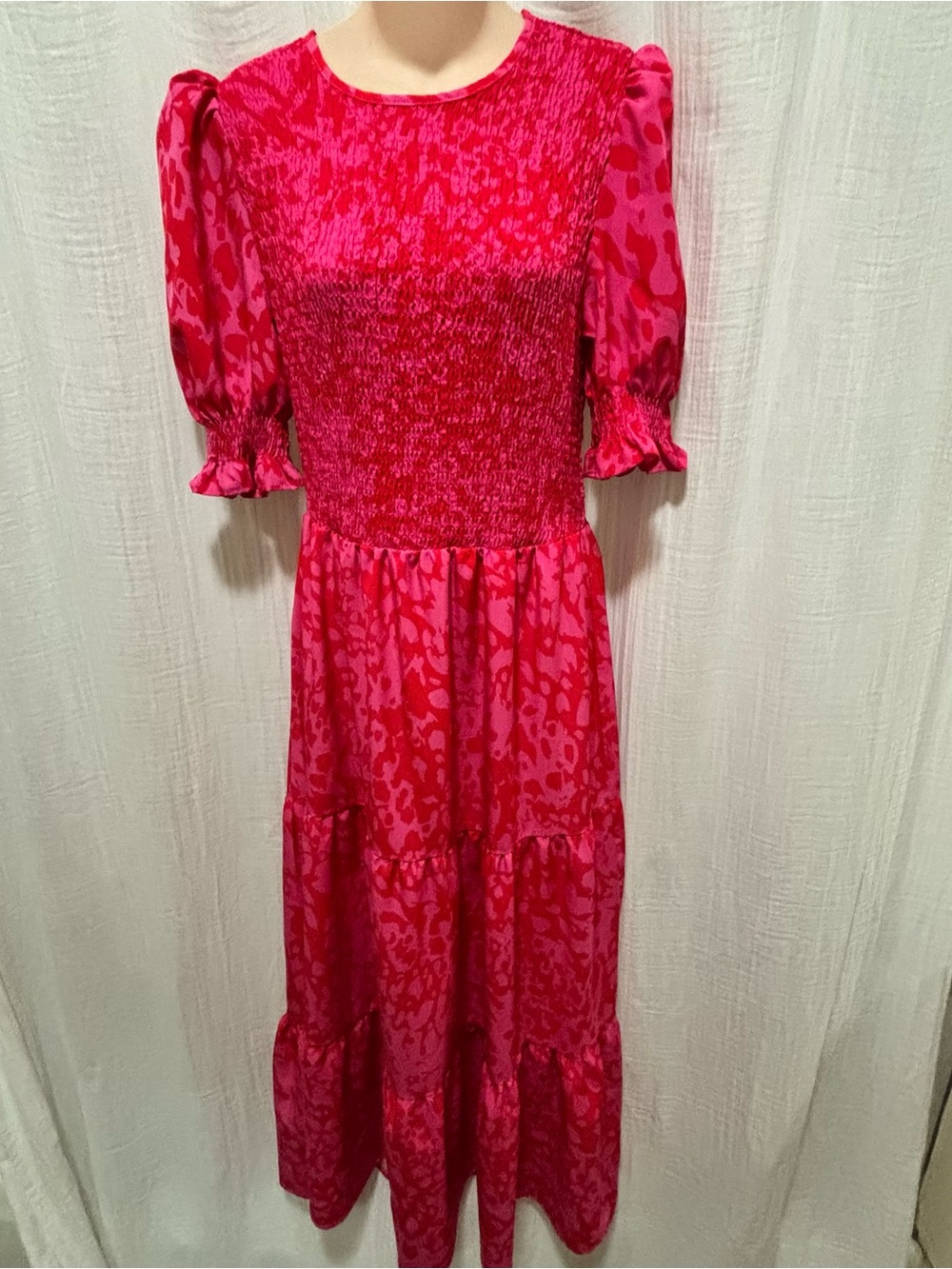 Pink Smocked Puff-Sleeve Maxi Dress
